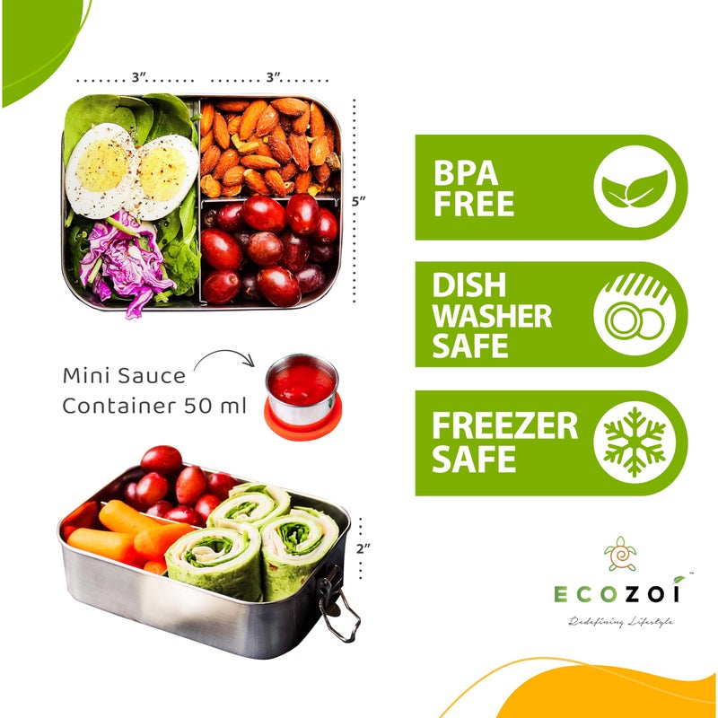 ecozoi Stainless Steel Lunch Box for Kids â€“ Leakproof Bento Box with 3 Compartments & Extra Sauce Container, BPA-Free Metal Lunchbox for School, Toddler & Adults | Eco-Friendly Reusable Meal Prep Container - Image 4